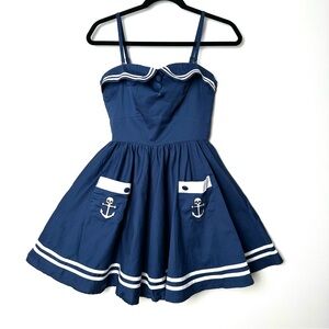 Hell Bunny Vixen Retro Navy Blue Sailor Skull Anchor Strapless Skater Mini Dress